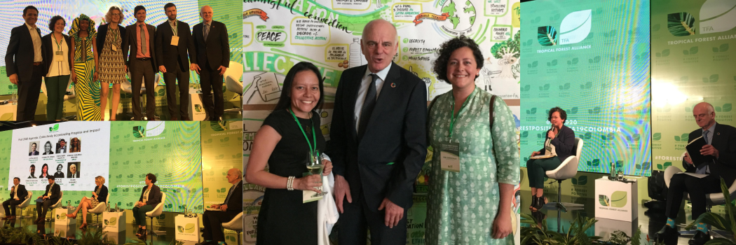 Durante la Reunión Anual del Tropical Forest Alliance en Bogotá, Colombia 2019, Bibi la Luz junto con Justin Adams, Hindou Oumarou Ibrahim, su colega Shaper Ginna Rodríguez Román, y Sir David Nabarro.